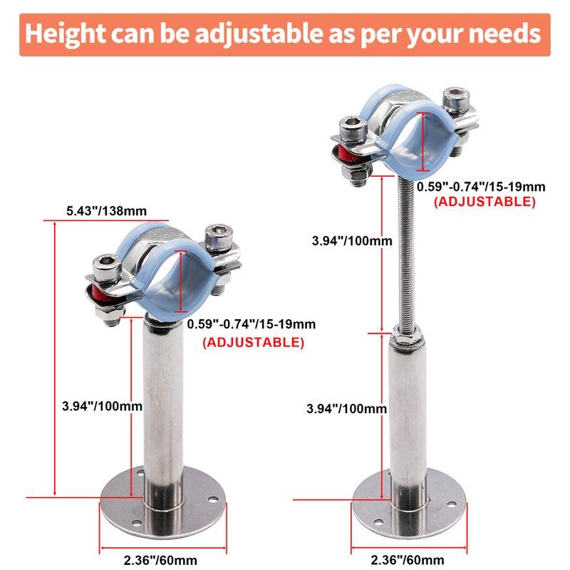 AKIHISA 2 Pcs 304 Stainless Steel Pipe Supports, Wall Mount Ceiling Mount Pipe Hanger, Pipe Holder for OD Pipe 15-19MM Adjustable Height Range 100-200mm - Image 2